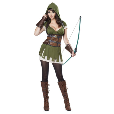 Lady Robin Hood Womens Costume with Green Dress and Brown Vest for Halloween or Cosplay