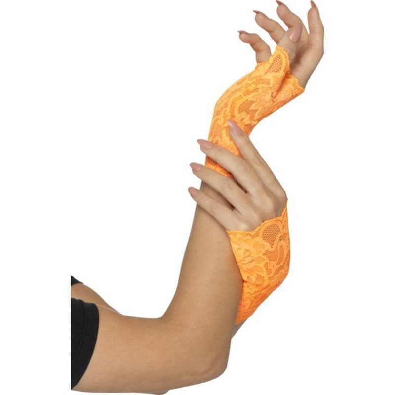 80s Fingerless Lace Gloves, Neon Orange - Jokers Costume Mega Store