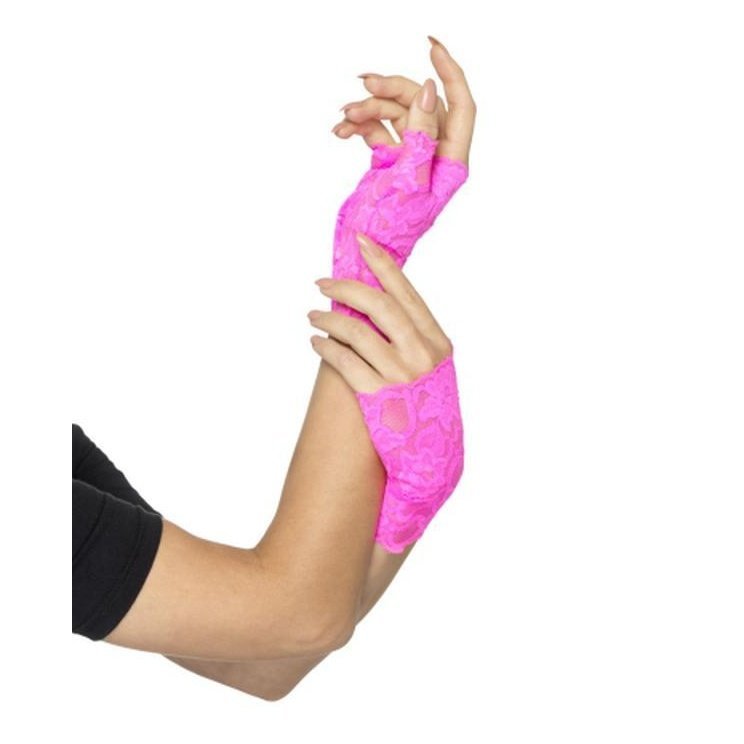 80s Fingerless Lace Gloves, Neon Pink - Jokers Costume Mega Store