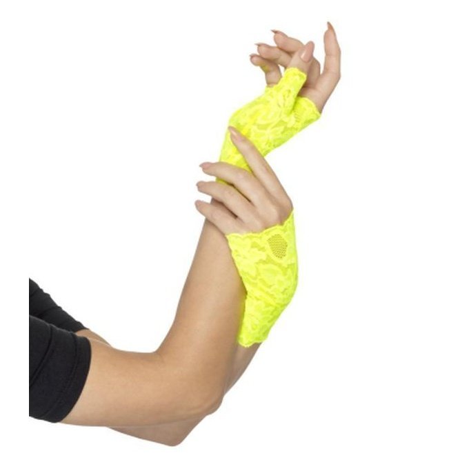80s Fingerless Lace Gloves, Neon Yellow - Jokers Costume Mega Store