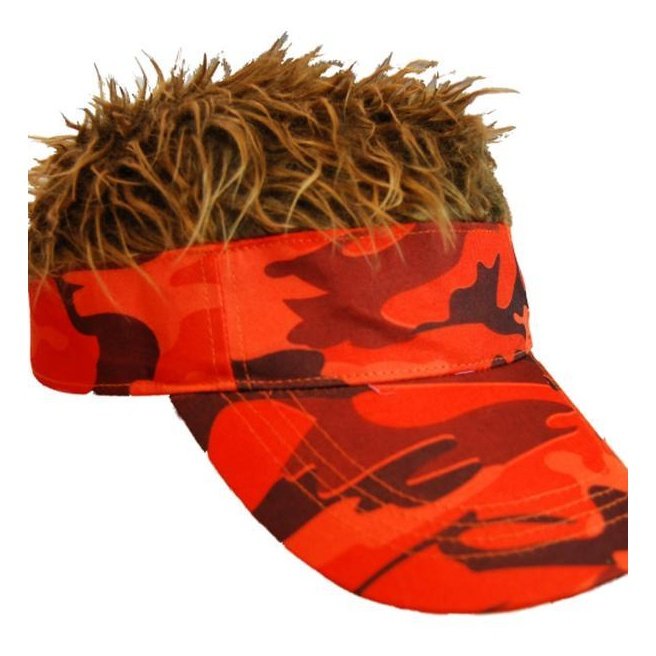 Billy-Bob -Spiked Hair Camo Visor Orange Cap Joke Novelty Gag Gift Brown Fur Golf Hat Men - Jokers Costume Mega Store