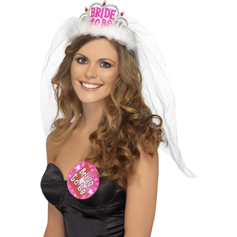 Bride To Be Tiara With Veil, White And Pink - Jokers Costume Mega Store