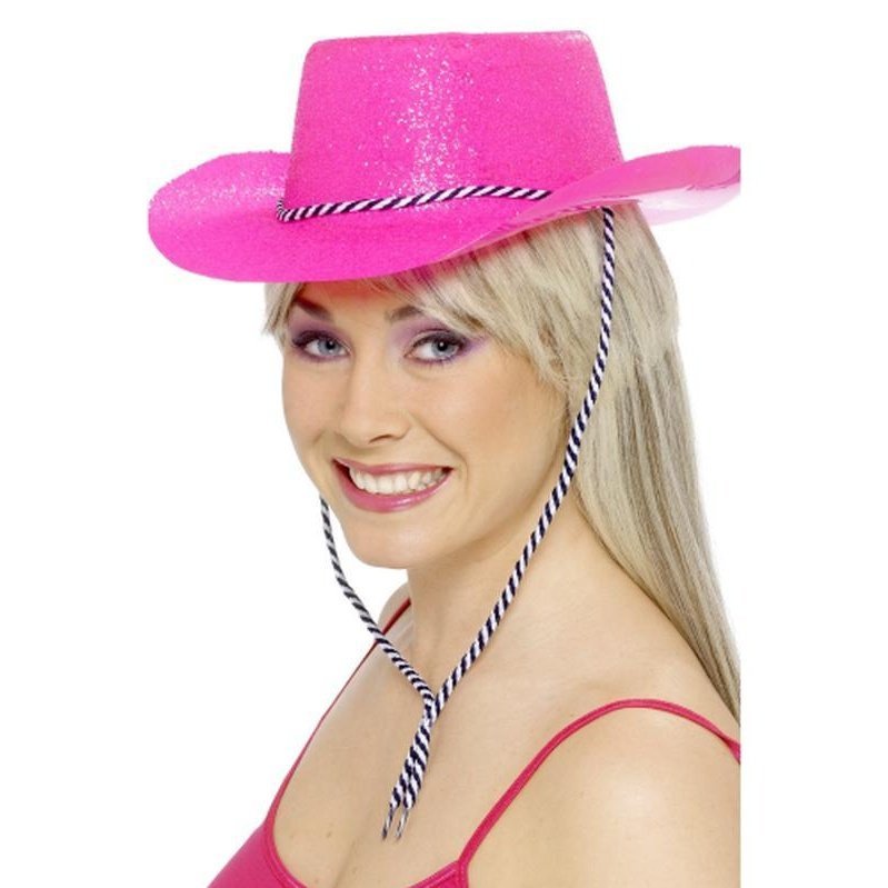 Cowboy Glitter Hat - Neon Pink, with Cord - Jokers Costume Mega Store