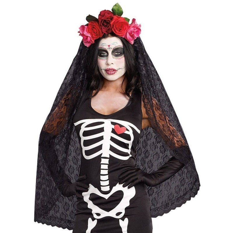 Day Of The Dead Black Lace Veil With Roses - Jokers Costume Mega Store
