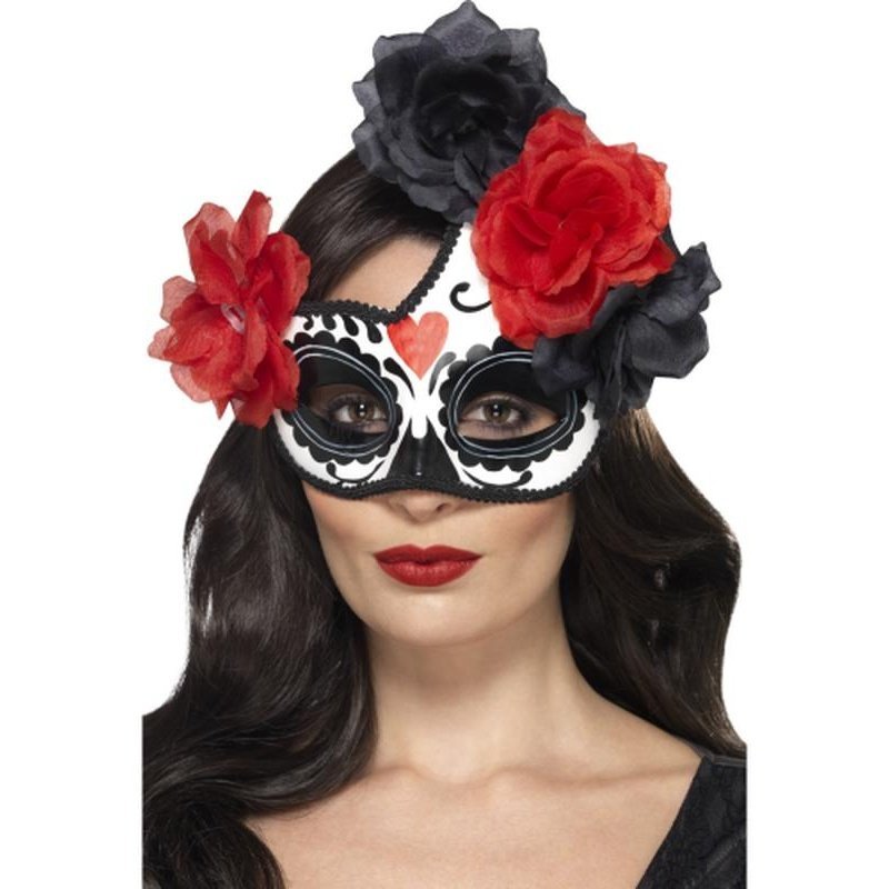 Day Of The Dead Crescent Eyemask, Black And Red - Jokers Costume Mega Store