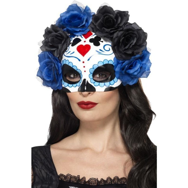 Day Of The Dead Eyemask, Blue, With Roses - Jokers Costume Mega Store