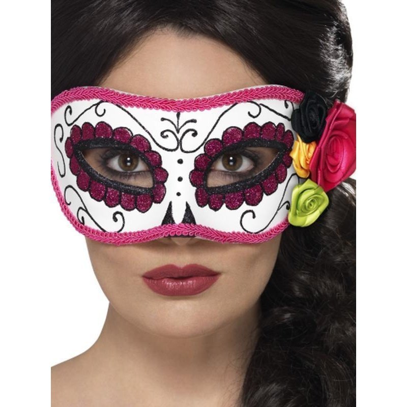 Day Of The Dead Eyemask, White & Pink - Jokers Costume Mega Store