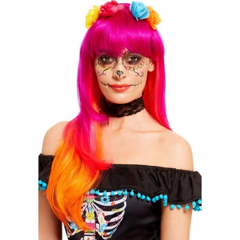 Day Of The Dead Wig, Pink And Orange - Jokers Costume Mega Store