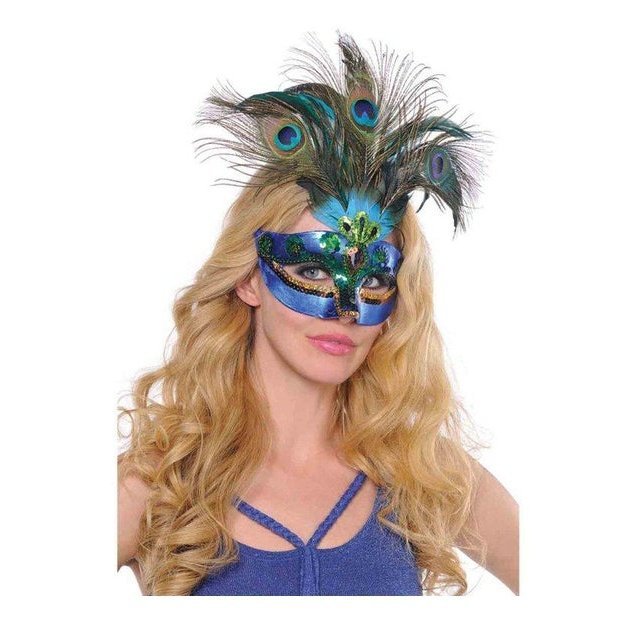 Deluxe Blue Peacock Feather Masquerade Mask - Jokers Costume Mega Store