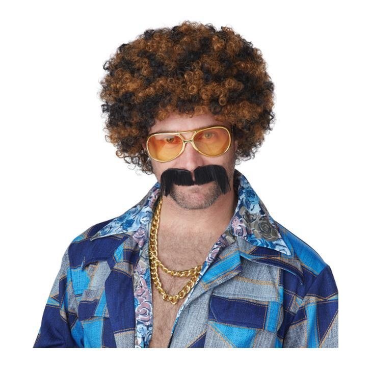JeryWe 70s Disco Costume Set - Afro Wig With Moustache & Gold Chain Necklace For Hippie Theme Parties