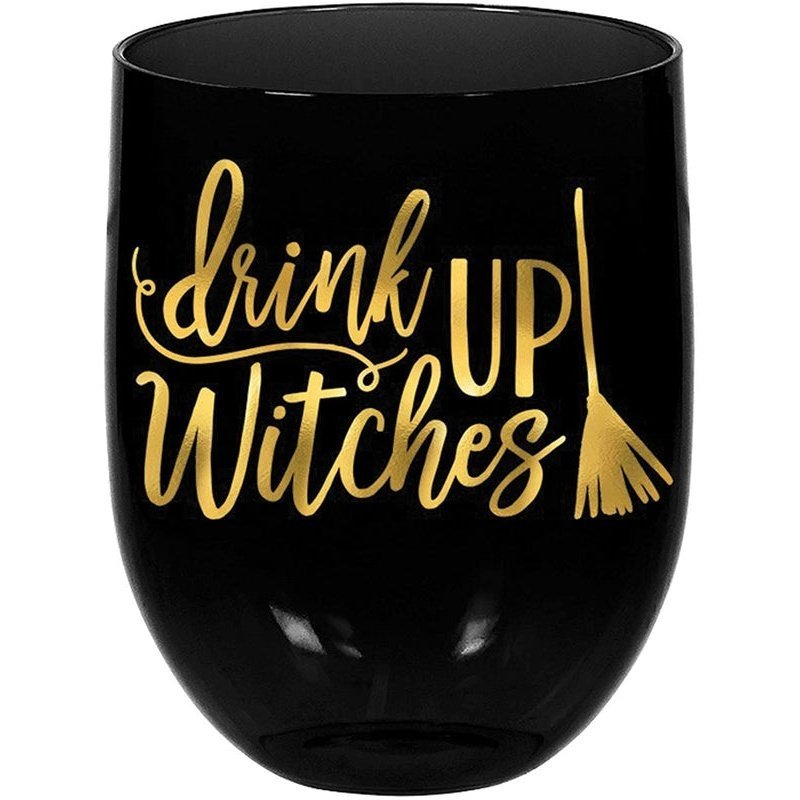 Drink Up Witches Stemless Plastic Party Wine Glasses - Jokers Costume Mega Store