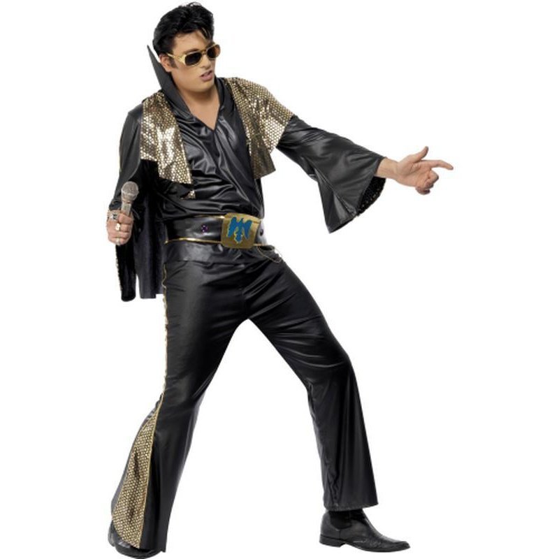 Elvis Presley Black & Gold Costume: Shirt, Pants, Cape & Belt | Jokers Costume Mega Store Elvis Presley Black & Gold Costume: Shirt, Pants, Cape & Belt | Jokers Costume Mega Store