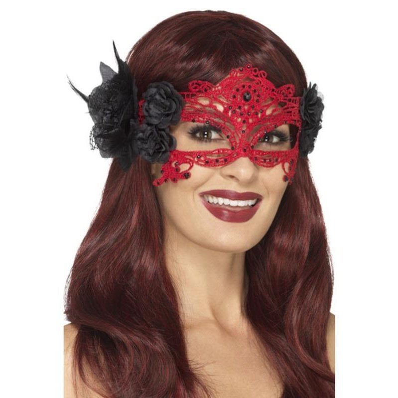 Embroidered Lace Filigree Devil Eyemask Red And Black - Jokers Costume Mega Store