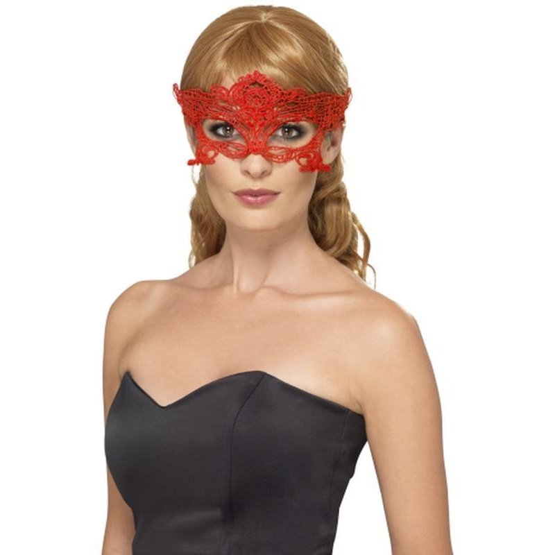 Embroidered Lace Filigree Heart Eyemask, Red - Jokers Costume Mega Store