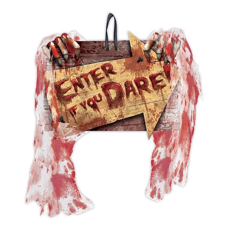 Enter If You Dare Hanging Sign With Bloody Gauze - Jokers Costume Mega Store