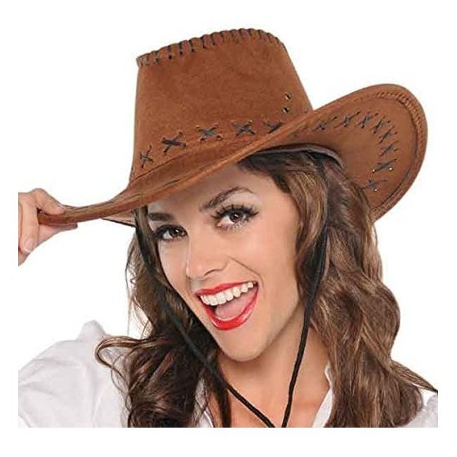 Faux Brown Suede Stitched Cowboy Hat - Jokers Costume Mega Store