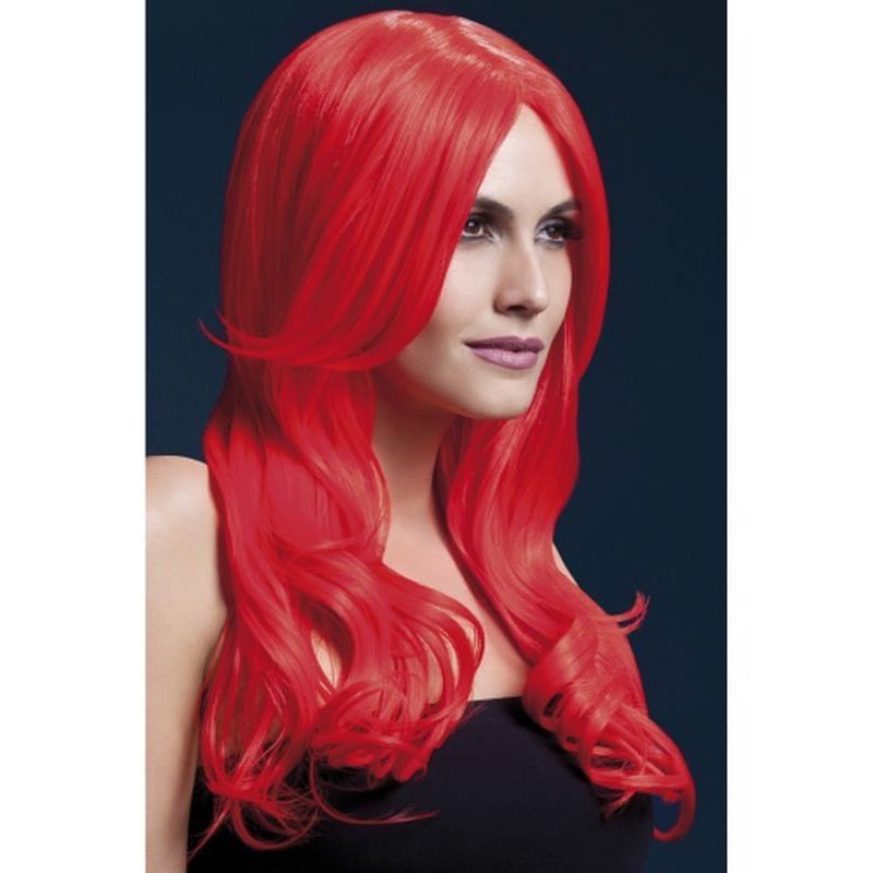 Fever Khloe Wig - Neon Red, Long Wave with Centre Parting - Jokers Costume Mega Store