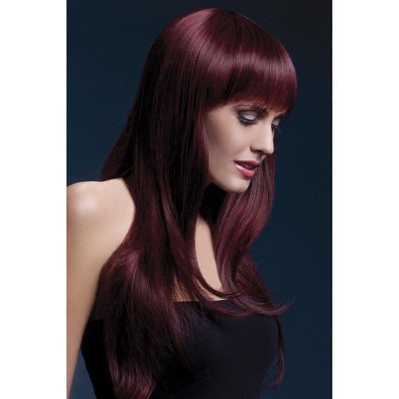Fever Sienna Wig - Black Cherry, Long Feathered with Fringe - Jokers Costume Mega Store