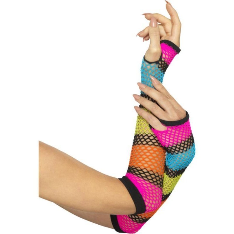 Fishnet Gloves, Long Neon With Black Stripe - Jokers Costume Mega Store