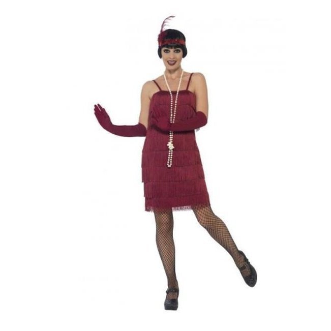 Flapper Costume, Burgundy Red, With Short Dress - Jokers Costume Mega Store
