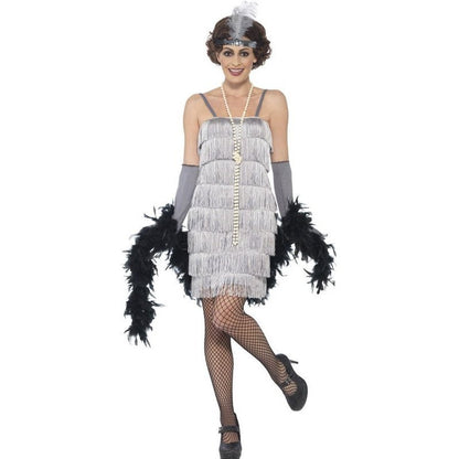 Flapper Costume, Silver, With Short Dress - Jokers Costume Mega Store