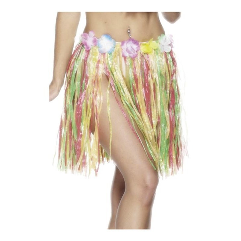Hawaiian Hula Skirt, Multi Coloured, With Flowers, Elasticated Waist, 46cm - Jokers Costume Mega Store