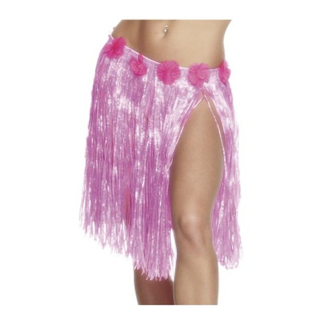 Hawaiian Hula Skirt, Neon Pink, With Flowers, Elasticated Waist, 46cm - Jokers Costume Mega Store