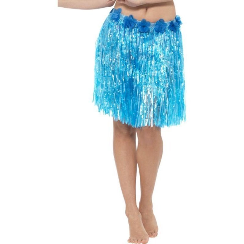 Hawaiian Hula Skirt With Flowers Neon Blue - Jokers Costume Mega Store