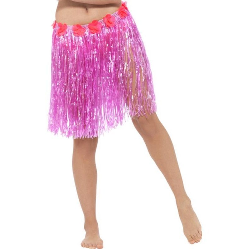 Hawaiian Hula Skirt With Flowers Neon Pink - Jokers Costume Mega Store