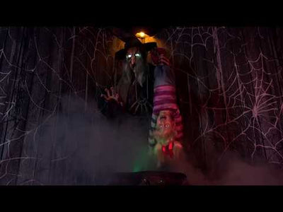 Animated Stew Brew Witch With Kid Prop With Fog Machine