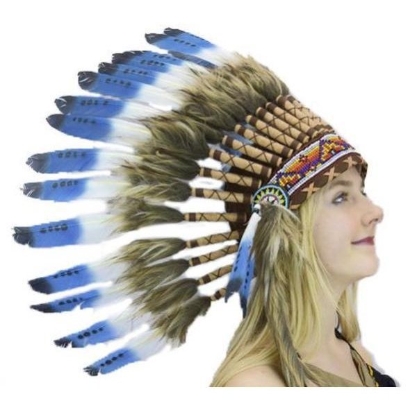 Indian Head Dress with Blue Tip Feathers Small - Jokers Costume Mega Store