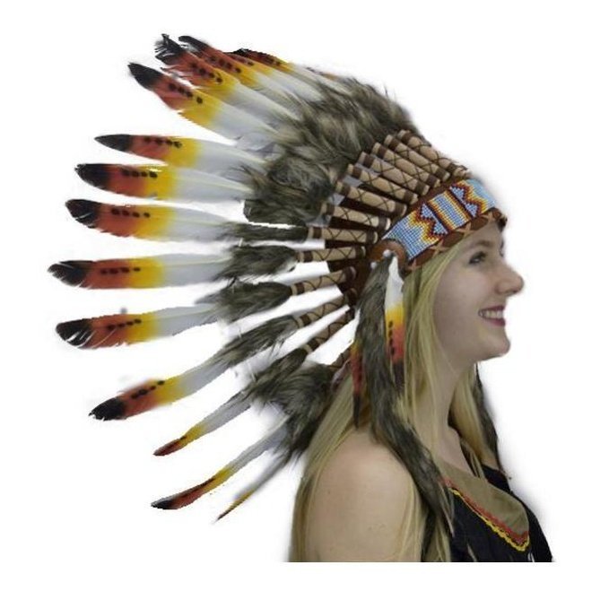 Indian Head Dress With Yellow/Orange/Red Feathers Small - Jokers Costume Mega Store