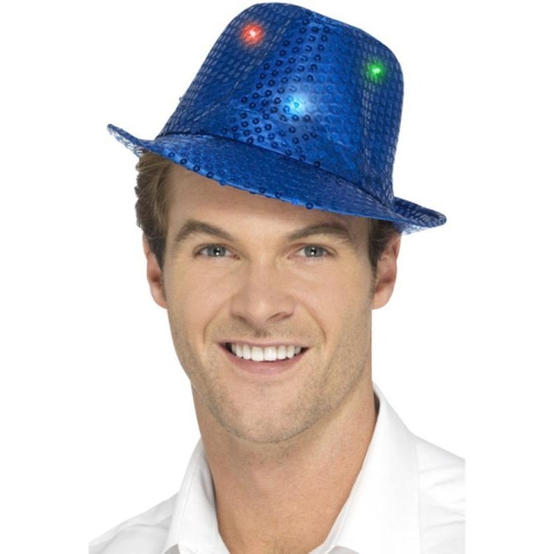 Light Up Sequin Trilby Hat - Blue - Jokers Costume Mega Store
