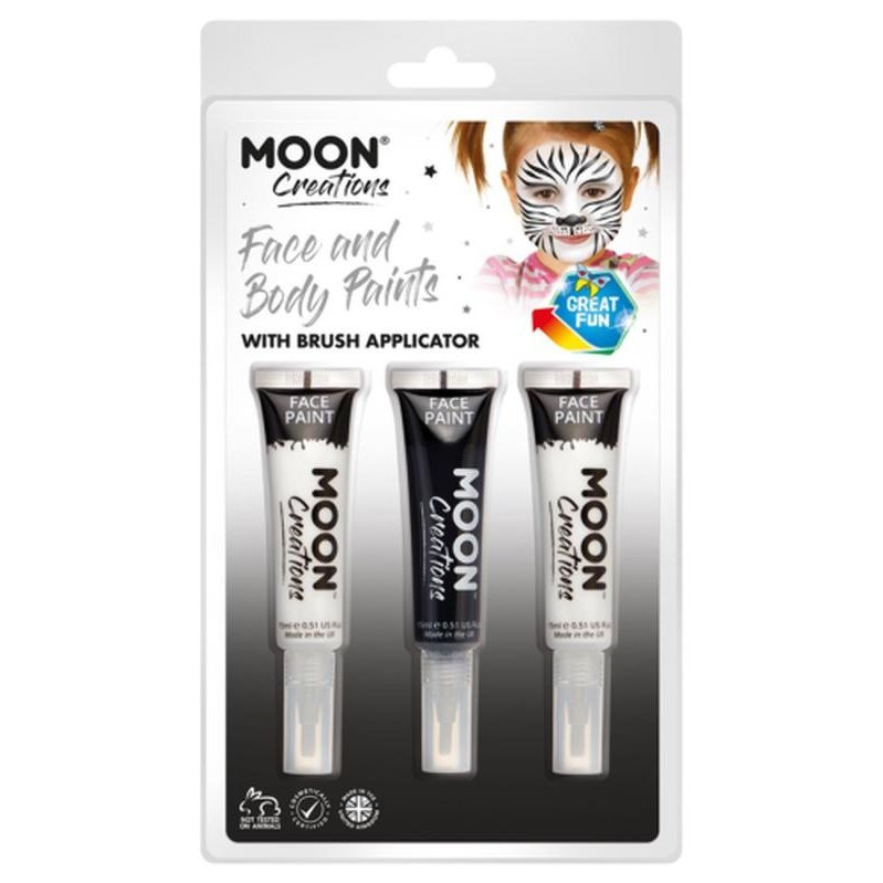 Moon Creations Face & Body Paints and Brush, Monochrome-Make up and Special FX-Jokers Costume Mega Store