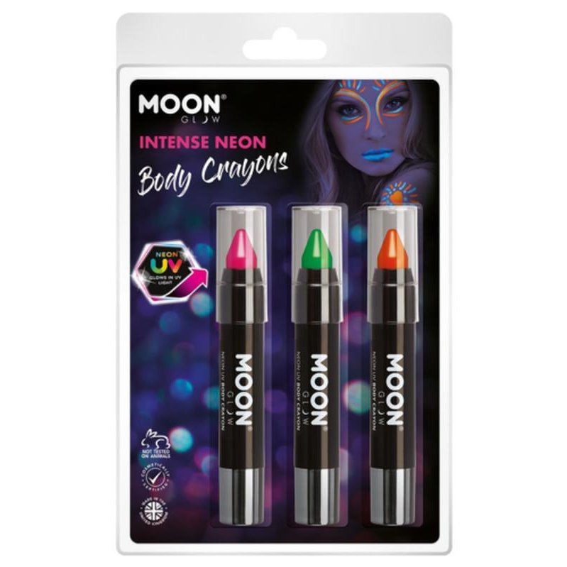 Moon Glow Intense Neon UV Body Crayons, Pink, Green, Orange-Make up and Special FX-Jokers Costume Mega Store