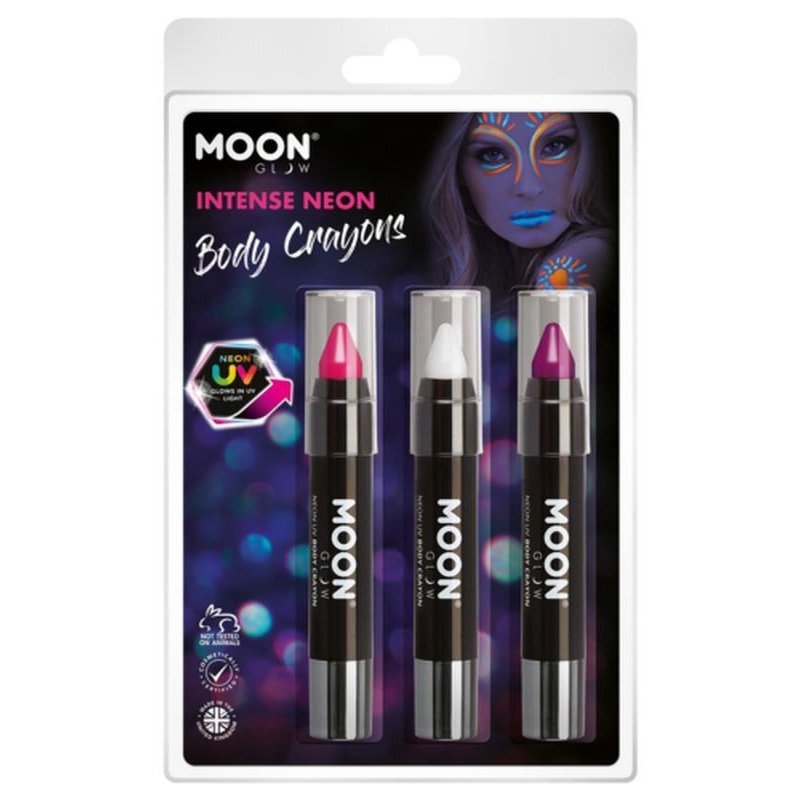 Moon Glow Intense Neon UV Body Crayons, Pink, White, Purple-Make up and Special FX-Jokers Costume Mega Store