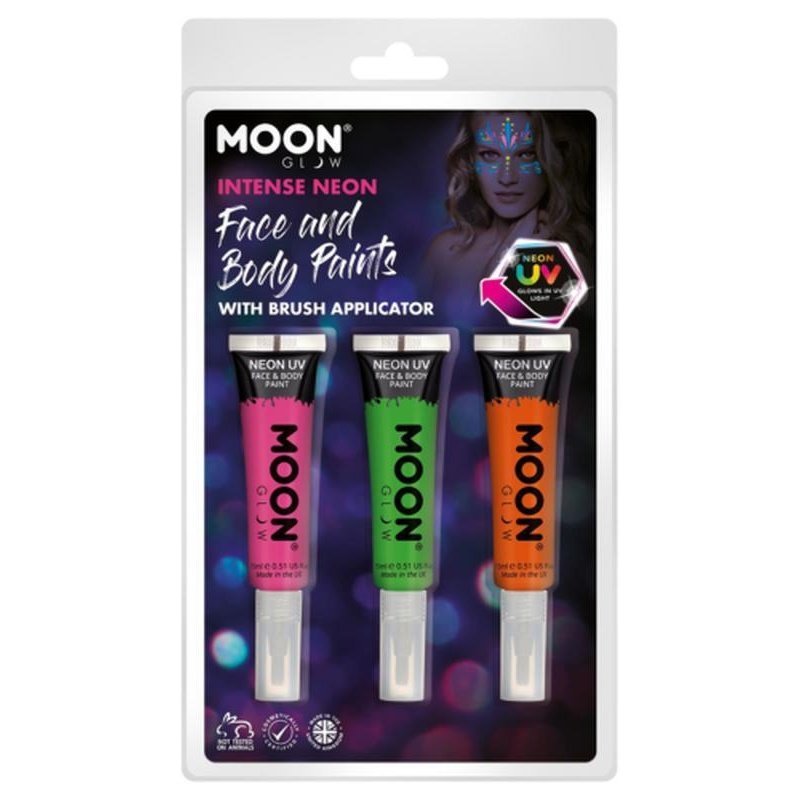 Moon Glow Intense Neon UV Face Paint and Brush, Pink, Green, Orange-Make up and Special FX-Jokers Costume Mega Store