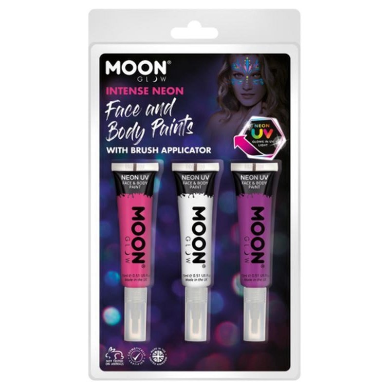 Moon Glow Intense Neon UV Face Paint and Brush, Pink, White, Purple-Make up and Special FX-Jokers Costume Mega Store