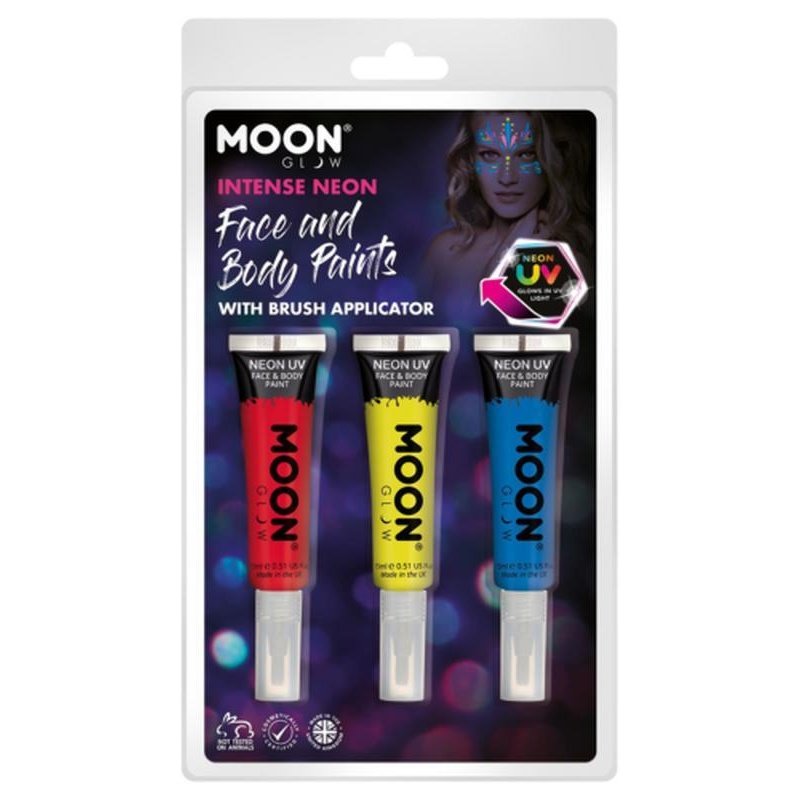 Moon Glow Intense Neon UV Face Paint and Brush, Red, Yellow, Blue-Make up and Special FX-Jokers Costume Mega Store