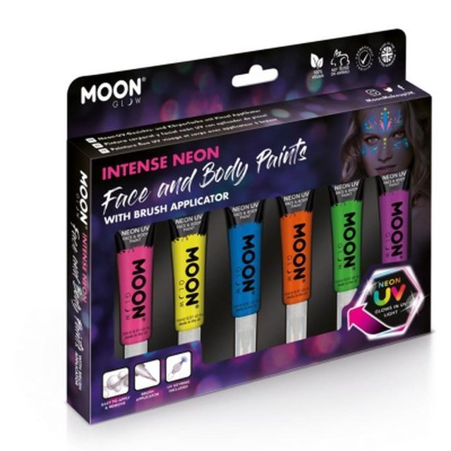 Moon Glow Intense Neon UV Face Paint, Assorted with Brush Applicator-Make up and Special FX-Jokers Costume Mega Store