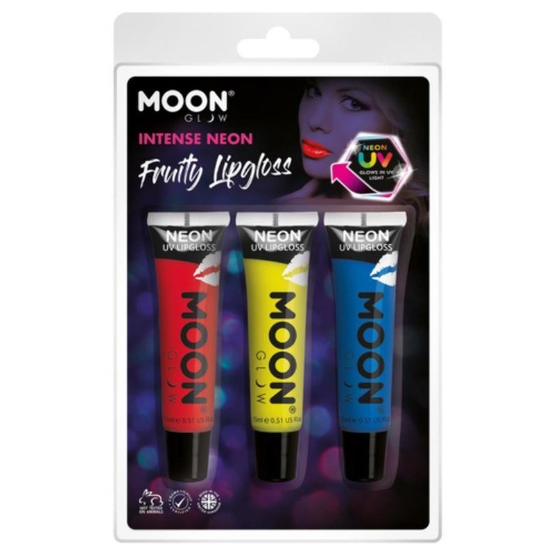 Moon Glow Intense Neon UV Fruity Lipgloss, Red, Yellow, Blue-Make up and Special FX-Jokers Costume Mega Store