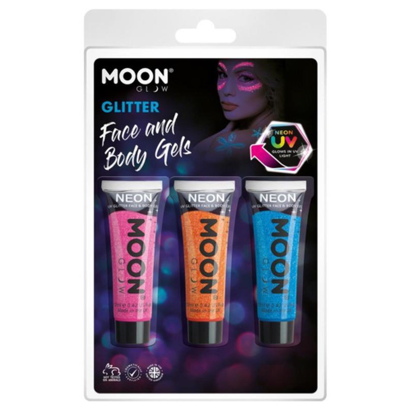 Moon Glow Neon UV Fine Glitter Gel, Hot Pink, Orange, Blue-Make up and Special FX-Jokers Costume Mega Store