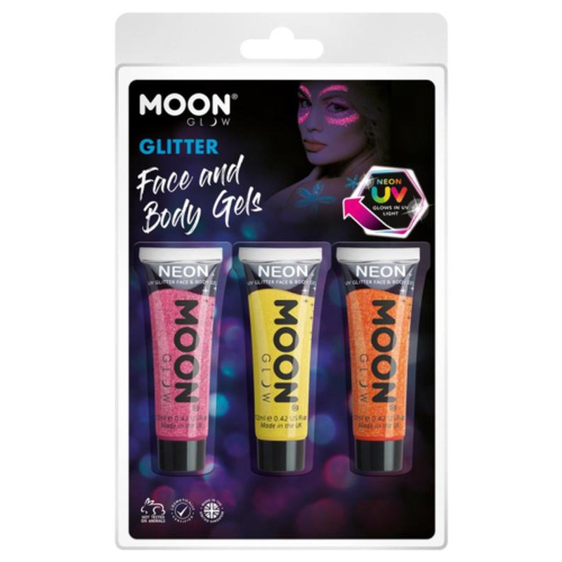 Moon Glow Neon UV Fine Glitter Gel, Ruby Pink, Golden Yellow, Orange-Make up and Special FX-Jokers Costume Mega Store