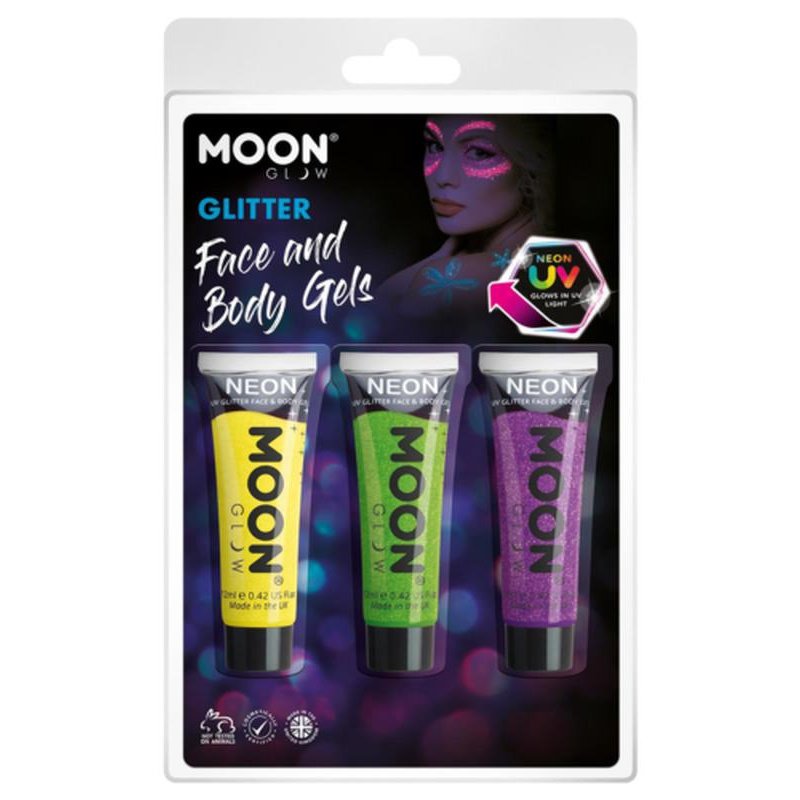 Moon Glow Neon UV Fine Glitter Gel, Yellow, Green, Purple-Make up and Special FX-Jokers Costume Mega Store