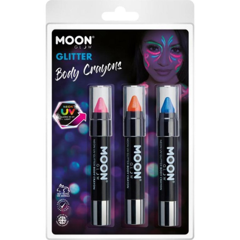 Moon Glow - Neon UV Glitter Body Crayons, Hot Pink, Oramge, Blue-Make up and Special FX-Jokers Costume Mega Store
