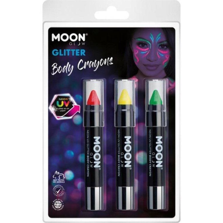 Moon Glow - Neon UV Glitter Body Crayons, Red, Yellow, Green-Make up and Special FX-Jokers Costume Mega Store