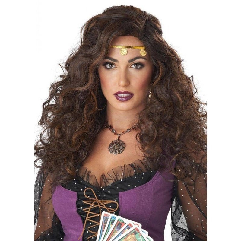 Brunette Fortune Teller Wig with Gold Coin Headband Jokers