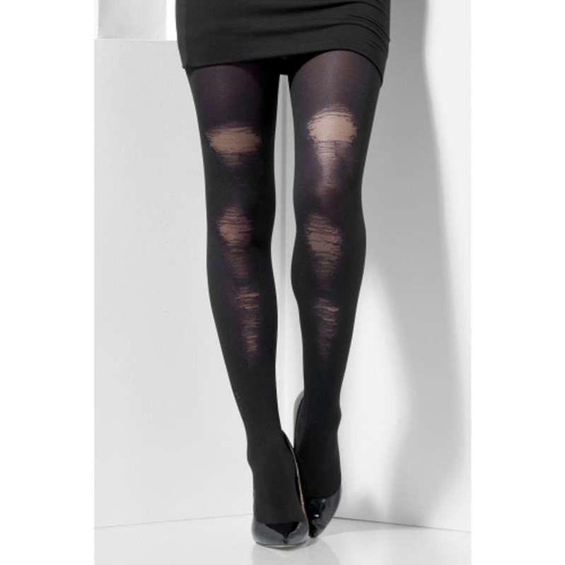 Opaque Tights - Black, with Distressed Detail - Jokers Costume Mega Store