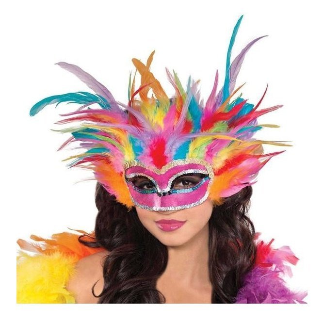 Pink Masquerade Eye Mask With Rainbow Feathers - Jokers Costume Mega Store