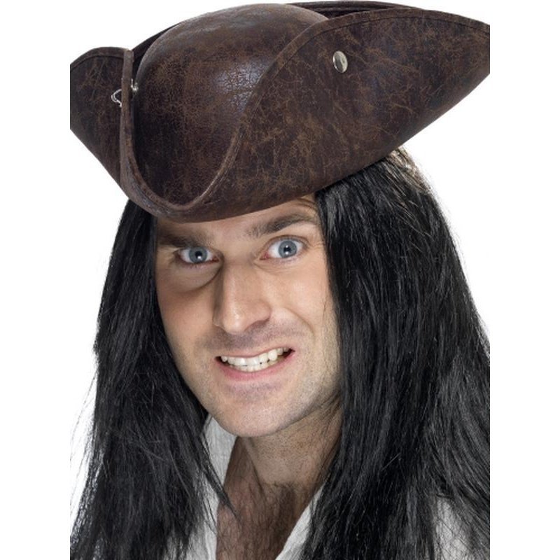 Pirate Tricorn Hat, Broken Leather Look - Jokers Costume Mega Store